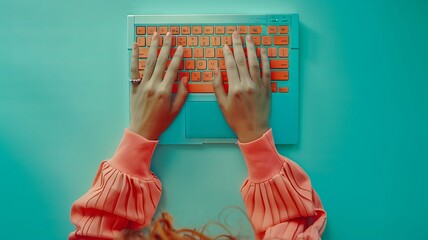 Hands typing on a colorful keyboard on blue background
