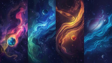 Wall Mural - Four different space scenes with planets and stars