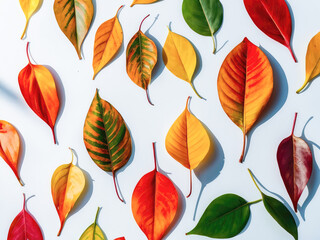 Wall Mural - creative layout of colorful palm leaves on a white background in the rays of the sun, with shadows. 
