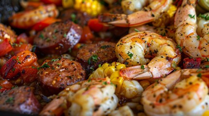 A seafood boil bursting with plump juicy shrimp y andouille sausage and tender crawfish all coated in a mouthwatering Cajun seasoning.