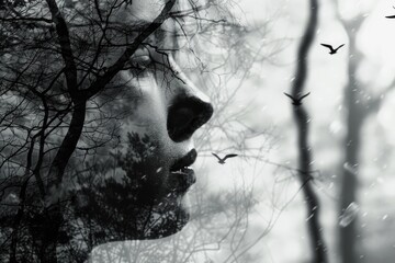 Wall Mural - A woman's face is shown in a forest with trees and birds