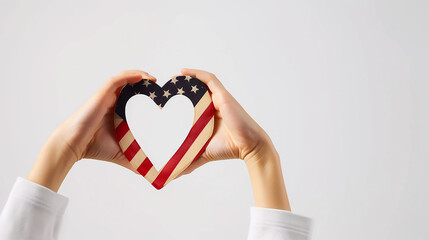 Wall Mural - Simple white background highlighting a woman's hands forming a heart around the U.S. flag.