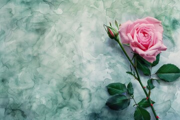 Wall Mural - A pink rose is placed on a green background