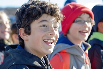 Wall Mural - Portrait of a boy smiling at the camera in the street.