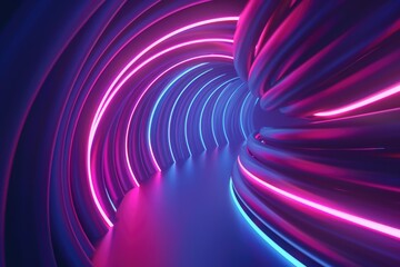 Wall Mural - A long, curving tunnel with neon lights