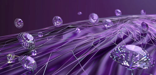 Wall Mural - Lavender diamonds swirling over a deep purple gradient crisscrossed by linear patterns, abstract 3D minimalism