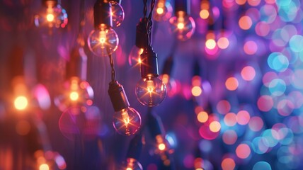 Wall Mural - Hanging light bulbs with colorful bokeh background