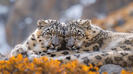 Wall Mural - Two snow leopards are laying down next to each other on a rocky hillside