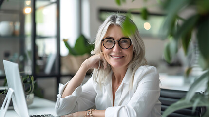 Wall Mural - Smiling professional woman with glasses sitting at her desk in a modern office, surrounded by plants, exuding confidence and positivity