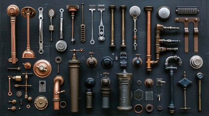 Wall Mural - Documentary photography style, plumbing accessories laid out meticulously on a stone black background with ample copyspace