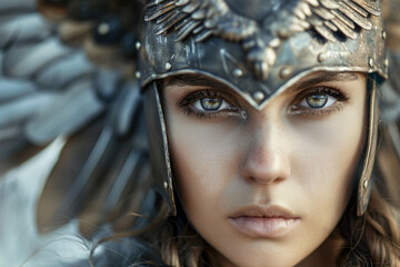 Young woman's face covered in winged Norse mythology Valkyrie helmet