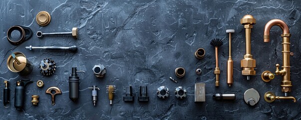 Wall Mural - Editorial photography style, plumbing accessories arranged neatly on a stone black background, with a generous amount of copyspace