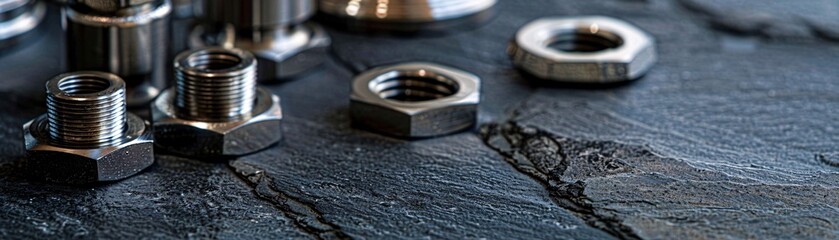Poster - Magazine photography style, plumbing accessories displayed elegantly on a stone black background, with plenty of copyspace