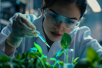 Wall Mural - young female scientist researching on plants in laborotory. concept for biotechnology and genetic mo