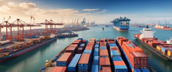 A bustling port with numerous shipping containers, cranes, and cargo ships, emphasizing global commerce, trade, logistics, and maritime transportation.