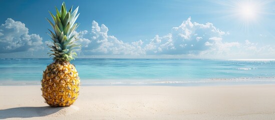 Wall Mural - Tropical summer scene featuring a pineapple on a sandy beach, set against a backdrop of blue sea and sky on a sunny day, with space for text.