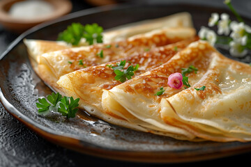 Close-up of Japanese crepe sprinkled with icing sugar. creating an elegantly displayed inviting and appetizing appearance. Dessert cuisine concept. 