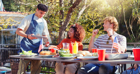 Wall Mural - Friends, group and eating barbecue outdoor on terrace with conversation, reunion and social event in summer. People, bbq and lunch on patio with food, talking and celebration with bonding and drinks