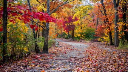 Wall Mural - A scenic view of a winding path through a park during autumn, with vibrant red, orange, and yellow leaves covering the ground and trees