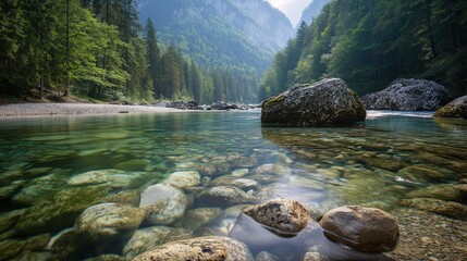 Wall Mural - A tranquil mountain stream with clear water and rocks