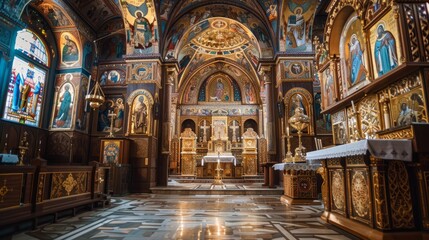 Wall Mural - A high-angle view of a church interior showcasing ornate Christian crosses and religious icons, creating a sense of solemnity and reverence