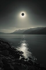 Wall Mural - a black and white photo of a large sun with a bright yellow spot in the middle