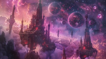 fantastical space landscape with floating castles and colorful nebulae, creating a surreal and other