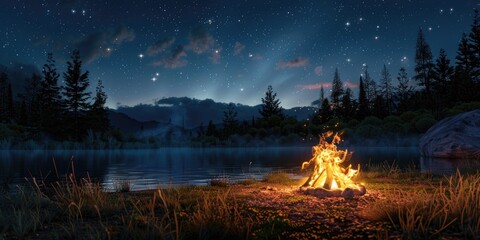 Wall Mural - A fire is burning in a wood pile next to a lake