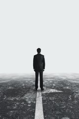 Canvas Print - A man in a suit stands alone on a road, looking off into the distance