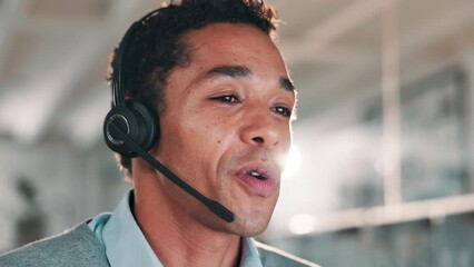 Poster - Businessman, consultant and talking with headphones at call center for customer service, support or telemarketing at office. Friendly man, young agent or employee consulting for online advice or help