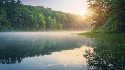 Wall Mural - A peaceful image of a sunrise over a still lake with fog, surrounded by lush greenery. The golden light of dawn illuminates the tranquil scene, creating a sense of calm
