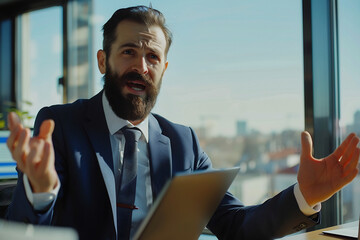 Wall Mural - Businessman in a suit gesturing passionately during a discussion, with large windows and a cityscape in the background, conveying intensity and engagement