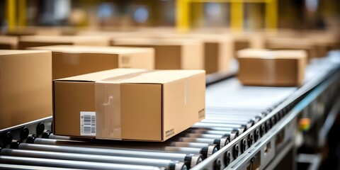 Cardboard boxes on conveyor belt in warehouse for ecommerce delivery automation. Concept Warehouse Efficiency, Ecommerce Automation, Conveyor Belt Systems
