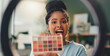 © peopleimages.com - Ring light, live streaming and woman in home with cosmetics for social media and recording video tutorial. Beauty influencer, gen z girl and online broadcast for content creation with makeup review