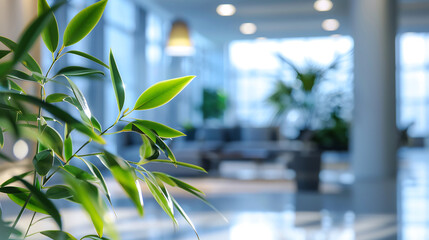 Poster - Close-up of green leaves in a bright and modern office space, with blurred background featuring chairs and large windows, creating a fresh and inviting atmosphere, bright natural light