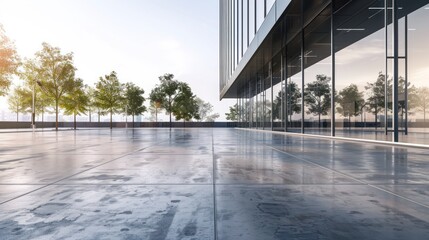 empty cement floor with steel and glass modern building exterior