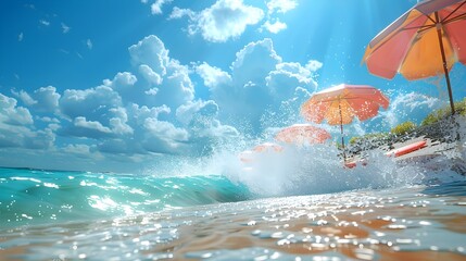 Vibrant and Dynamic Ocean Summer Backdrop with Crashing Waves and Colorful Beach Umbrellas