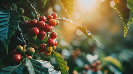 Coffee beans ripening, fresh coffee,red berry branch, industry agriculture on tree in North of Asia