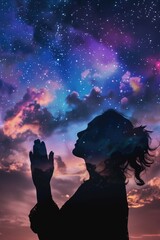 Wall Mural - A woman is silhouetted against a backdrop of stars and clouds