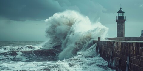 Poster - A lighthouse is visible in the distance as a large wave crashes into the shore