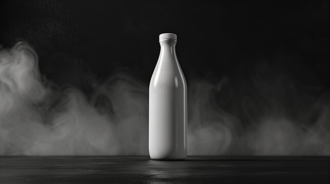 mockup simple clean white milk bottle, dark black background with light smoke, Ai Generated Images
