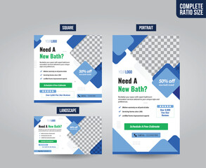 social media template and flyer design for Instagram and Facebook in blue using a modern style and geometric objects with variations of diamonds, lines, portraits, and landscapes