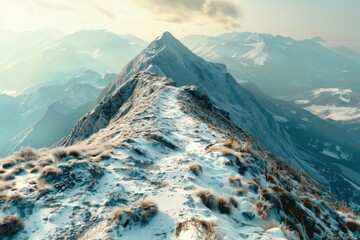 Sticker - A mountain range with snow on the top and a path leading up to it