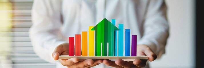 Poster - An illustration symbolizing business growth with hands holding a colorful bar chart and green arrow, signifying success and progress. It represents advancement in the corporate world