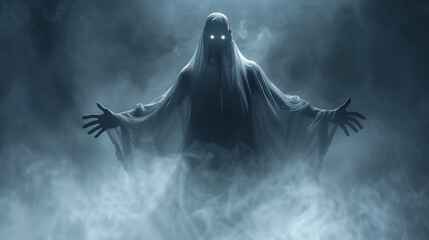 creepy zombie evil spirit with arms out in dark fog background