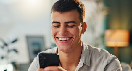 Poster - Joke, laughing and man with phone for online meme with social media, internet gif and reading crazy story in office. Male person, mobile app and website for streaming funny video or comedy film