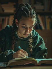 Poster - A girl is writing in a book with a blue pen