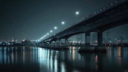 Poster - A bridge over a river at night with lights shining on it