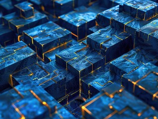 Wall Mural - A blue and gold block patterned image with a metallic look