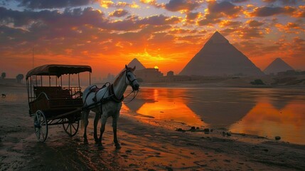 A horse is pulling a carriage on a beach near the pyramids